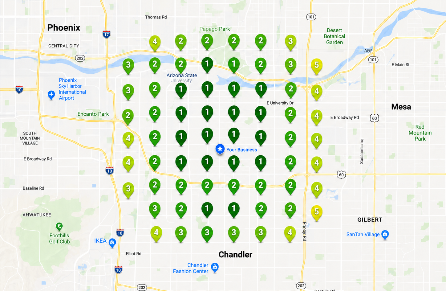 Geo grid showing rankings after Grip Local — dominant Top 3 coverage