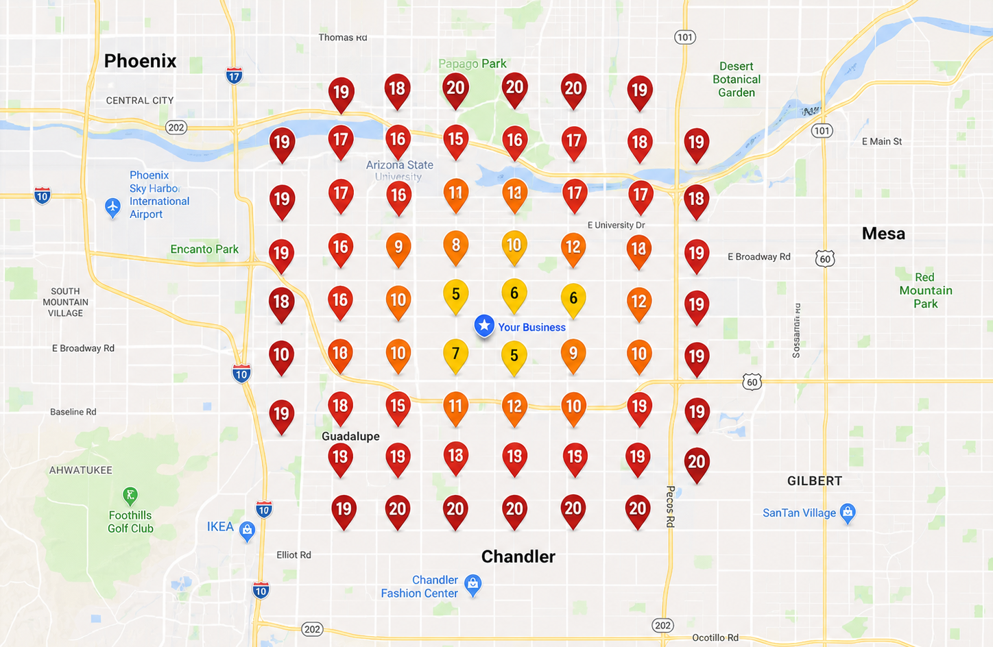 Geo grid showing rankings before Grip Local — mostly #15 to #20